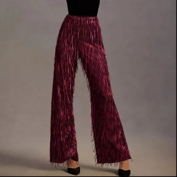 Anthropologie Maeve Sequined Wide Leg Pants Plum PETITE - Picture 6 of 10